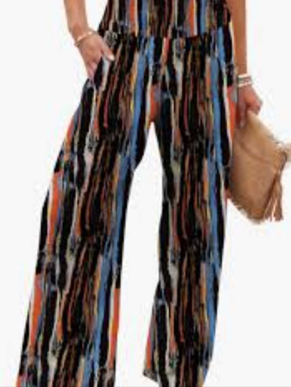 Wide-Leg Stretchy Abstract Striped Print Lounge Palazzo Pull On Pants - L